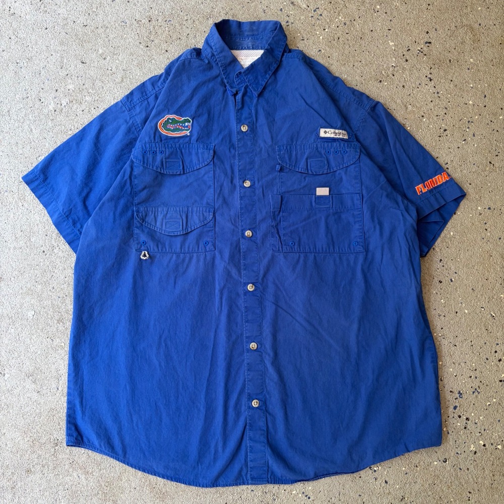 Columbia PFG Florida Gators Mens Blue Short Sleeve Fishing Shirt Large L